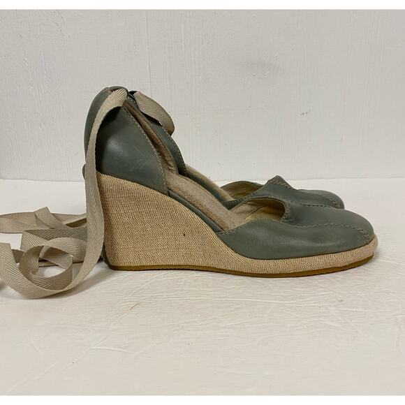 Seychelles Green Leather Lace Up Ankle Close Toe Wedge Shoes Size 8 - Picture 1 of 7